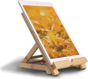 Bamboo Tablet Stand Holder Adjustable Folding Wood iPad Stand with Chargeable Hole for Desk iPad Cooking Stand (Tablet Stand A)