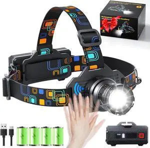 Headlamp Rechargeable Bright LED Head Lamp with White Red Light LED Headlamp Motion Sensor 90° Adjustable Zoomable 6 Modes Head Lights for Forehead for Adults Running Hunting Camping Hiking Fishing