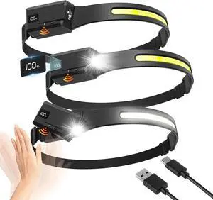 3Pcs Rechargeable Headlamp with Adjustable & Removable Spotlight LED Waterproof Headlight Headband Light Motion Sensor Hands-Free Head lamp Band Super Bright 6 Modes for Running Fishing Hiking