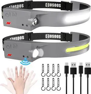 2 LED Headlamp Rechargeable Flashlight Bright Head Lamp Outdoor 1000 Lumen 230°Wide Beam Spot Light Sensor Mode 2.4oz Lightweight Hard Hat Hiking Camping Christmas Gift -Grey