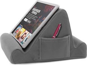 Memory Foam Lap Desk Tablet Holder Holds Phones iPads E-Book Readers 2 Viewing Angles 2 Side Pockets for Accessories Book Holder Cushion Perfect for Home Car Travel Flights Gray