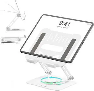 Adjustable Tablet Stand for Desk iPad Swivel Stand with 360 Rotating Base Aluminum Foldable Portable iPad Table Stand Holder for iPad Pro/iPad Mini Tablets White