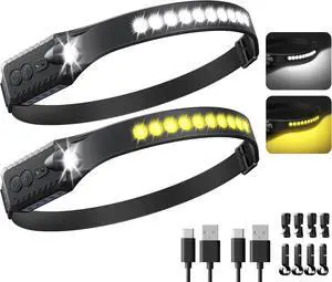 Rechargeable Headlamp 2PCS 230° Wide Beam Head Lamp with 2 Color Temps and Motion Sensor Waterproof LED Headlights for Adults with SOS Mode Camping Gear for Cycling Hiking Fishing Hunting