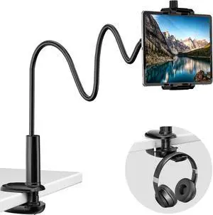 Gooseneck Tablet Stand 360 Adjustable Phone & iPad Holder for Bed Flexible Arm Mount Clip for Video Recording Bedside & Headboard Clamp for iPad Pro 12.9 Mini (4.7-12.9)