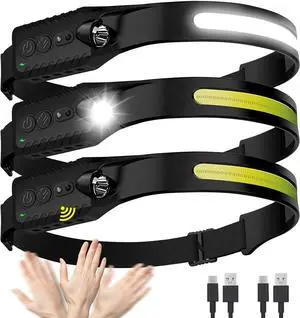 (3-Pack) Headlamp Rechargeable LED Head Lamp Flashlight 230° Wide Beam Headband Light 400 Lumen Super Bright Waterproof Headlight Motion Sensor 5 Modes for Running Fishing Hiking Camping