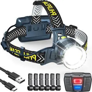 150 000 Lumens Rechargeable Headlamp for Adults | Ultra-Bright LED Forehead Headlamp with Motion Sensor | 9 Lighting Modes | IP68 Waterproof | 115° Adjustable | Perfect for Camping Hiking and Fishing