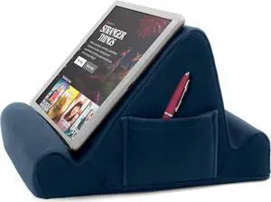 Memory Foam Lap Desk Tablet Holder Holds Phones iPads E-Book Readers 2 Viewing Angles 2 Side Pockets for Accessories Book Holder Cushion Perfect Home Car Travel Flights Blue