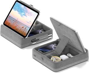 Tablet Pillow Stand with Storage Foldable iPad Holder for Bed Lap and Desk Angle Adjustable Soft Pad Dock with Stylus Mount Compatible with iPad Pro 12.9 10.5 11 Air Mini Phones Books