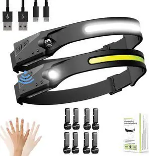1200mAh Rechargeable Battery Headlamp Flashlight Night Fishing Headlight for Buddy Adult Forehead Camping Outdoor Running 350Lumens Led Headlamp 230 Wide Beam Adjustable Headband Wave Motion Sensor