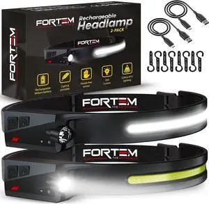 Headlamp Rechargeable 2-Pack 230° Wide Beam LED Head Lamp w/Motion Sensor 6 Modes for Mechanic 350 Lumen Hardhat Flashlight Waterproof Headlight for Camping Running Hiking Cycling