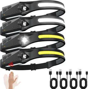 Rechargeable Headlamps 4 Packs 230° Wide Beam Head Lamps LED Rechargeable Motion Sensor Soft Head Light with 5 Modes Bright Headlamps for Adults Head Lights for Forehead