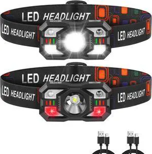 Headlamp Rechargeable LED Headlamp with Red Light 2Pack Headlamps for Adults Rechargeable Head Lamps LED Rechargeable LED Headlight Motion Sensor Head Lights for Forehead Running Hunting Camping