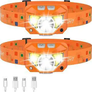 Headlamp Flashlight 1200 Lumen Ultra-Light Bright LED Rechargeable Headlight with White Red Light 2-Pack Waterproof Motion Sensor Head Lamp 8 Mode for Outdoor Camping Running Fishing- Orange