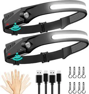 Rechargeable LED Headlamp 2 Pack 230°Wide Beam Head Lamp with Motion Sensor Waterproof Lightweight Headlight Flashlight for Camping Hiking Running Outdoor for Adults and Kids