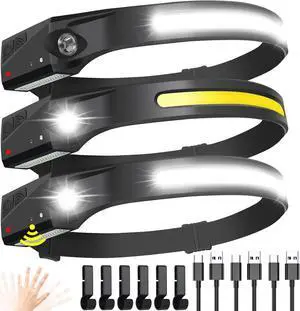 Headlamp Flashlight 3 Pack Rechargeable LED Headlamps Wide Beam Head Lamp Bright Sensor Headlight Light