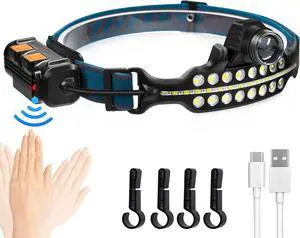 LED Headlamp Rechargeable Bright Hardhat Light COB Floodlight Red Lens Head Flashlight Waterproof Headlight Motion Sensor Lightweight Head Lamp for Camping Repair Fishing with Clip