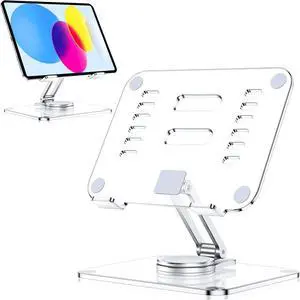 Acrylic Tablet Stand Holder with 360 Rotating Base Foldable Adjustable Transparent Tablet Holder for Desk Home Office Compatible with iPad Pro Air Mini and More Clear