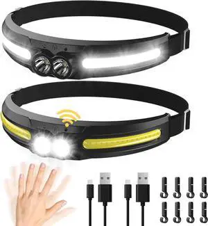 Rechargeable LED Headlamp 2PCS - 300° Wide Beam Head Lamp 750 Lumen 14 Modes Head Lights 84H Standby Energy - Camping Accessories Gear Waterproof Sensor Flashlight for Running Camping Fishing