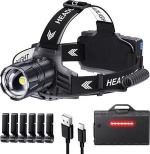 990000 Lumen LED Rechargeable Headlamp 60H Long Battery Life Head Lamp with 5 Modes & IPX7 Waterproof & Zoomable 120° Adjustable Head Light for Adults Outdoor Camping Hardhat