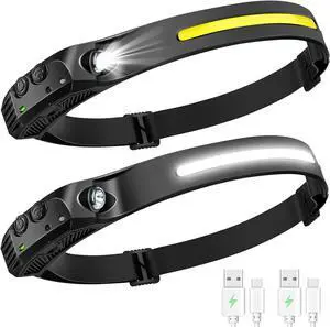 2PCS Headlamp Flashlight Rechargeable LED Headlamps 2 COB 230°Wide Beam Headlight with Motion Sensor Bright 5 Modes Lightweight Waterproof Head Lamp for Outdoor Running Camping Hiking