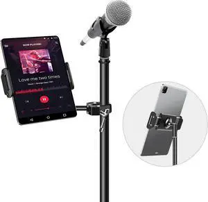 Aluminum iPad Holder for Mic Stand Side Mount iPad Music Stand Holder for Microphone 360° Swivel Tilt Adjustable Mic Tablet Mount for 4-13in iPhone Cell Phones and Tablets