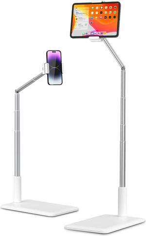 Tablet Floor Stand - Adjustable Tablet Holder with Flexible Arm Holder for 4-11 Phone/Tablet/iPad/iPhone 360 Rotate Tablet Stand for Bedside Sofaside Table Desk White