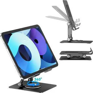 Swivel iPad Stand for Desk Aluminum Tablet Stand for Desk with 360 Rotating Base Adjustable & Foldable iPad Holder Stand Compatible with iPad/Pro/Air/Mini Tablets Switch Kindle Phone