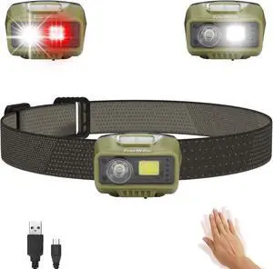 Rechargeable Headlamp LED Bright Motion Sensor Head Lamp Flashlight with 9 Modes Adjustable Headlight for Adults Kids with White Red Light Waterproof Green for Hiking Running Camping