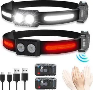 Headlamp Rechargeable 1200 Lumen Ultra-Light Bright Headlamp Flashlight LED Rechargeable Headlight with White Red Light 5 Mode Waterproof Motion Sensor Head Lamp for Fishing Running Camping Cycling