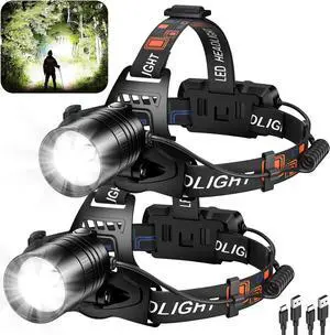 Rechargeable Led Headlamp 2Pack 3000 Lumen Super Bright Head Lamp with 3 Modes & 12H Long Runtime Brightest Headlamp 90° Adjustable Powerful Waterproof Headlamps for Adults Camping
