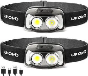 LED Headlights 2-Pack 1000 Lumen Motion Sensor Headlamp Rechargeble USB Cable Included Ajustable Headband Lightweight Waterproof Flashlight for Camping Hiking Running 6 Modes for Outdoor