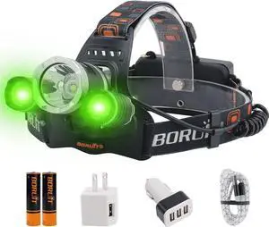BORUIT RJ-3000 Rechargeabe LED Headlamp Super Bright with Green Light, 3 Modes Super Bright USB Head Lamp IPX4 Waterproof Headlight for Adults USB Outdoor Fishing Camping