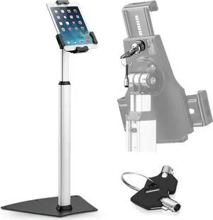 Anti-Theft Tablet Security Stand Kiosk-Heavy Duty Aluminum Metal Floor Standing Mount Tablet Case Holder Display w/Height Adjustable Pole Fits iPad Mini 2 3 4 Air  Tablets-PSPADLK60