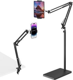 Tablet Floor Stand with 11lb Stable Base & Desk Clamp Adjustable Height Stretchable Arm Swivel Dual Holder Compatible with iPhone iPad Pro Air Mini Galaxy Tab Kindle Phones (4.5-13)