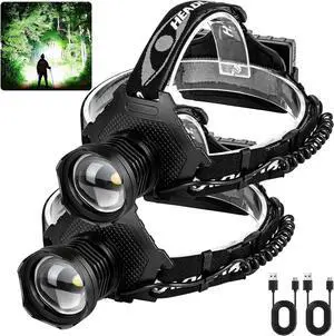 Rechargeable Headlamp 990 000 Lumens LED Super Bright Head Lamp with 5 Lighting Modes USB Rechargeable 90°Adjustable Waterproof Bright Headlamp for Adults Camping Biking Running(attery Included)