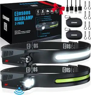 2 Rechargeable Headlamp Flashlight & Carry Case Bright LED Head Lamp Outdoor Wide Beam & Spot Light Motion Sensor 2.4 oz Lightweight Headband Headlights for Hardhat Camping Accessories