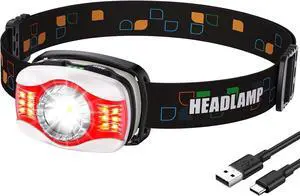 Headlamp Rechargeable High Lumen Ultra Bright LED Head Lamp 45° Adjustable Headlight with White Red Light Lightweight IPX4 Waterproof Head Light Flashlight for Camping Running Hiking Fishing
