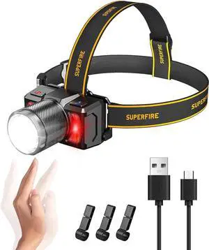 Led headlamp High Lumen Super Bright headlamp Rechargeable Zoomable Head lamp Flashlight with Motion Sensor Hard Hat Light headlamps for Adults