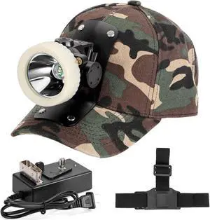 Ultra-Bright LED Mining Headlamp Rechargeable Waterproof Hard Hat White Light Headlight Camouflage Miner Cap Included Durable Mining Light for Underground Work and Outdoor Adventures (White)