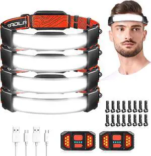 Rechargeable Headlamp 4 Pack 1500LM Headlamp Rechargeable 230°Wide-Angle Head Lamp 3 Modes Red Power Taillight Waterproof Headlamps with 6 Clips for Outdoor Running Camping Fishing