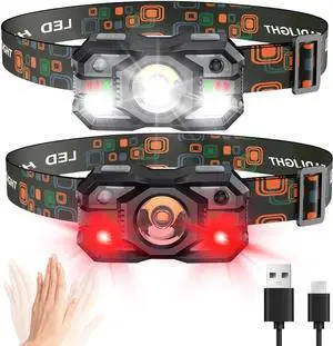Headlamp Rechargeable 1200 Lumen Ultra Bright LED Head Lamp Flashlight with White Red Light Motion Sensor Waterproof Headlight 5 Modes Lights for Outdoor Camping Fishing Running (2 Pack)