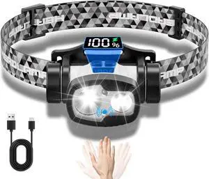 Headlamp Rechargeable Digital Display Ultralight 20000 Lumen Headlight for Adults Child 8+1 Modes Sensor Led Head Lamp One Key Off Waterproof Head Flashlight for Outdoor Running Hiking Camping