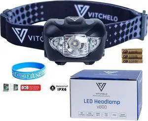 Black Headlamp Flashlight - Red Safety Light - 6 Light Modes - Super Bright Waterproof Adjustable Head Light - 3 AAA Batteries - Running Jogging Camping Hiking Cycling - Kids Adults