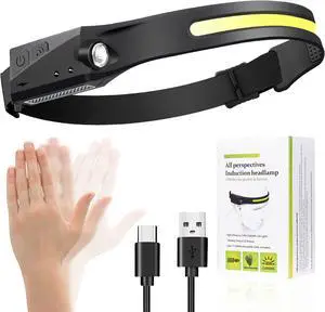 Headlamp Flashlight led headlamp Rechargeable COB 230°Wide Beam Headlight with Motion Sensor Bright 5 Modes Lightweight Waterproof Head Lamp for Outdoor Running Camping Hiking (1 Pack)