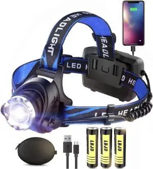 Rechargeable LED Headlamp USB Input and Output Super Bright 3Pcs Battery 15 Hours Runtime Perfect for Camping Fishing Running Biking