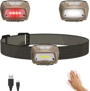 Rechargeable Headlamp LED Bright Motion Sensor Head Lamp Flashlight with 6 Modes Adjustable Headlight for Adults Kids with White Red Light Waterproof Khaki for Hiking Running Camping