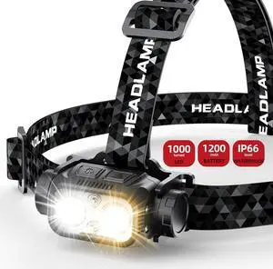 LED Rechargeable Headlamp Flashlight | Detachable Head Light for Forehead with Motion Sensor | IP66 Waterproof | 10 Modes (Red Light included) | 120° Adjustable Head Lamp for Running Camping Fishing