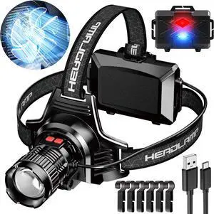 LED Headlamp Rechargeable Super Bright Head Lamp Headlamp with Red Warning Lights Head Lights for Forehead Waterproof & Zoomable 90° Adjustable Headlamps for Camping Hiking Car Repair