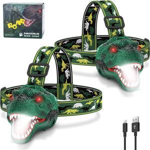 Spray Dinosaur Headlamp for Kids Flashlight 2 Pack Rechargeable Led Headlights Roar & Silent Mode T-Rex Dinosaur Toys Camping Gear Gifts for Boys Girls Adults