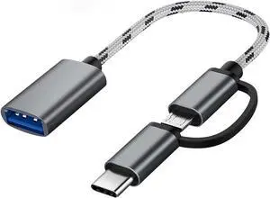 GANA 2-in-1 OTG Adapter USB to Type-C & Micro USB Nylon Interface Fast Transfer Connector Cellphone Charging Line (Grey)